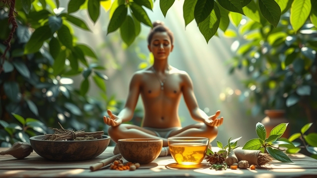 Une scène tranquille illustrant le tirage d'huile dans un cadre ayurvédique, avec une personne méditative entourée de verdure.
