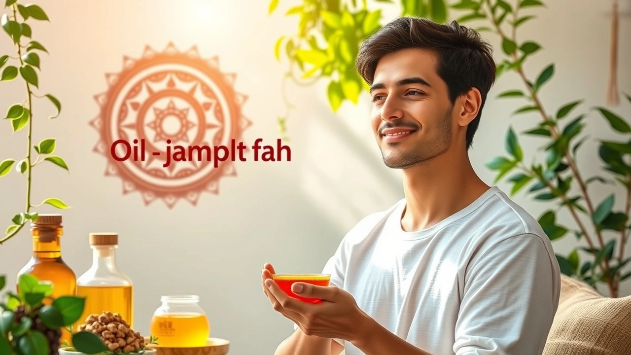 Illustration d'une personne pratiquant le bain de bouche à l'huile dans un environnement ayurvédique paisible.