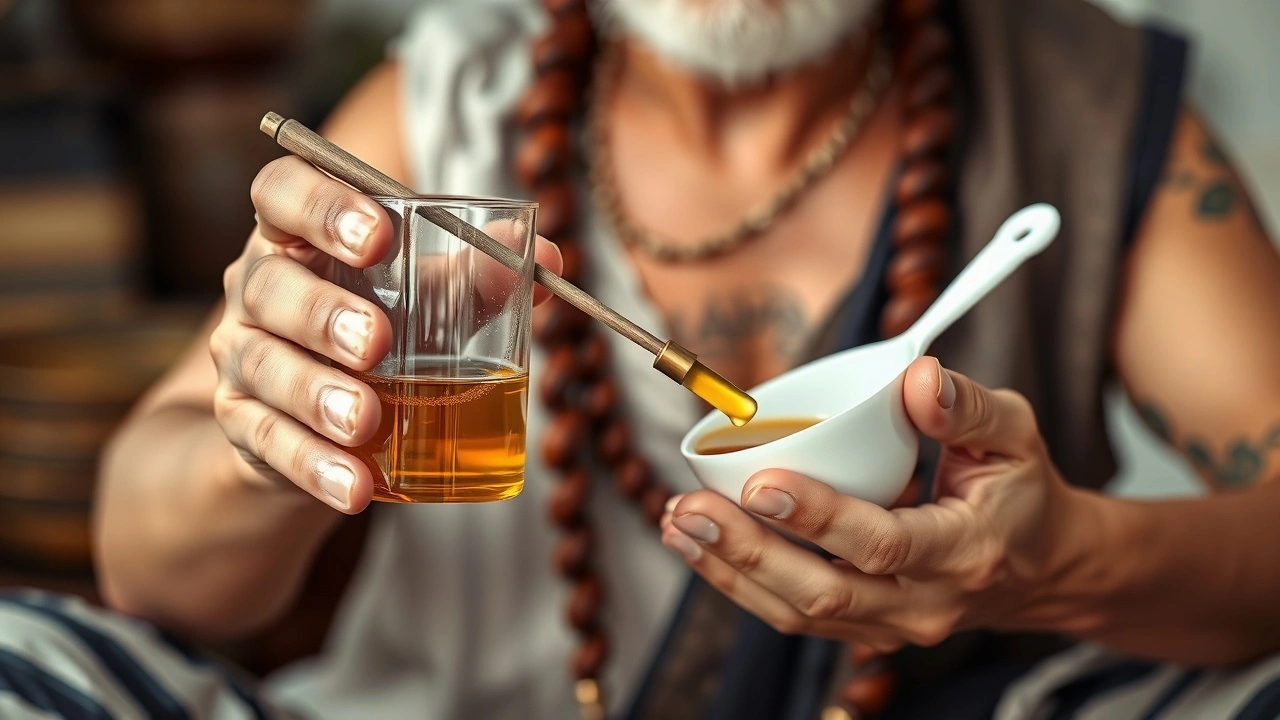 praticien ayurvédique montrant le tirage d'huile