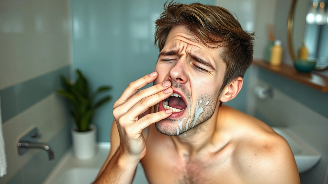person grimacing during oil pulling in bathroom