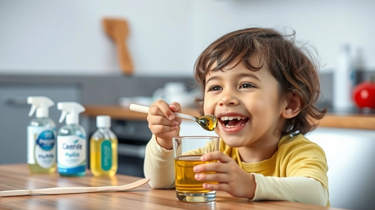 un enfant effectuant un oil pulling avec une huile