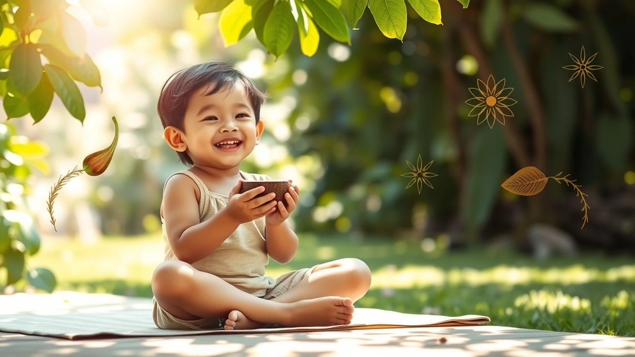 Un enfant pratiquant le oil pulling dans un environnement naturel serein