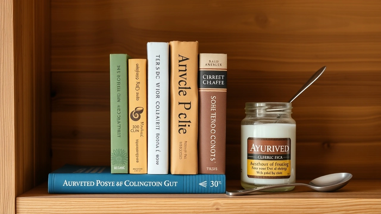 étagère avec livres sur l ayurveda et l huile