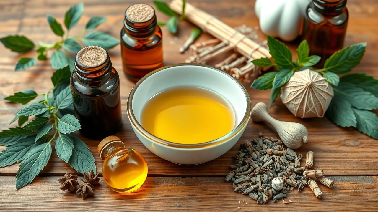 herbes ayurvédiques et huile pour le rinçage buccal