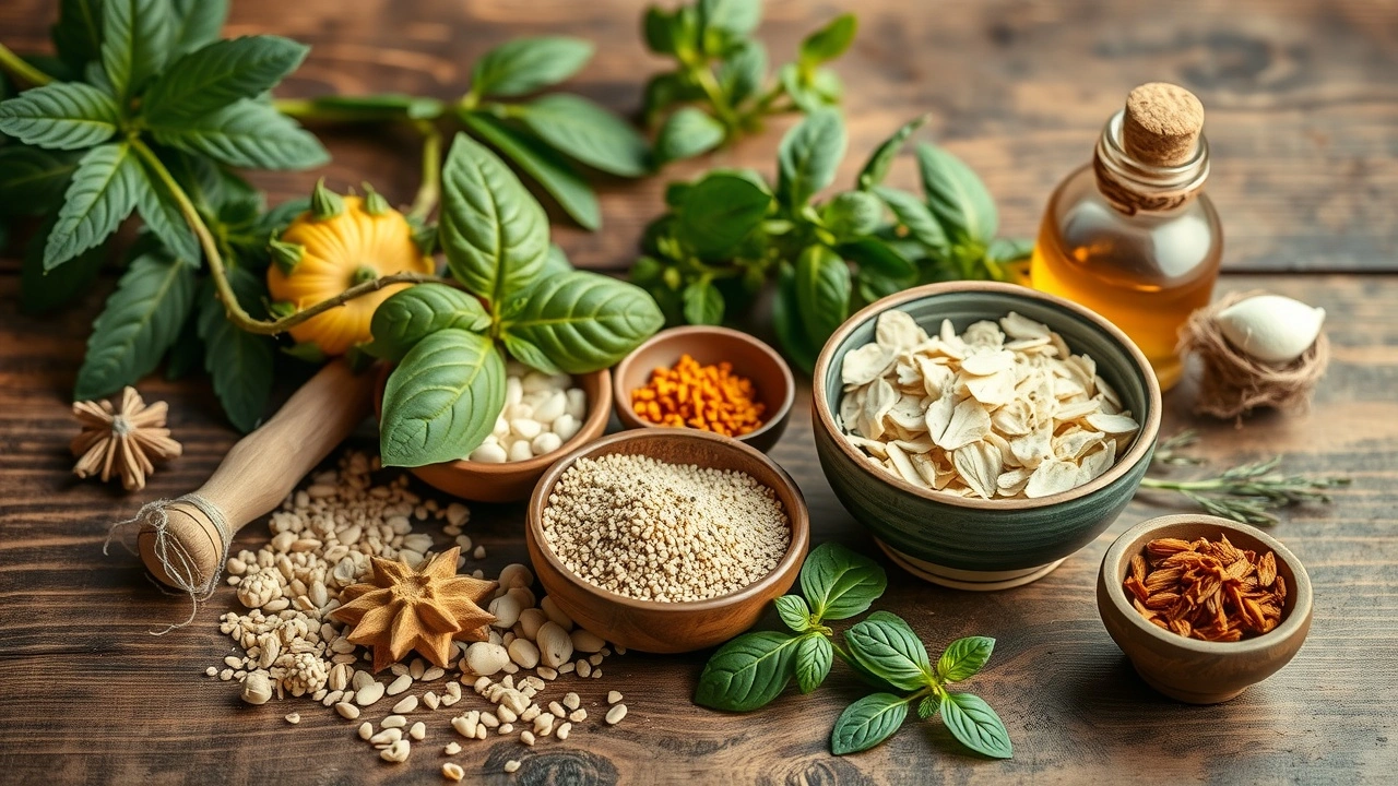 herbes ayurvédiques et ingrédients d'huile sur une table