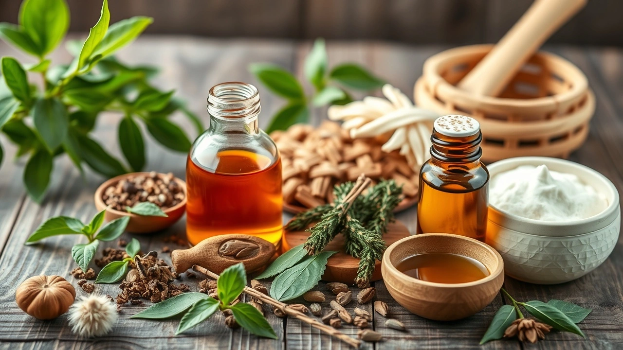 herbes ayurvédiques et huiles pour la santé cutanée