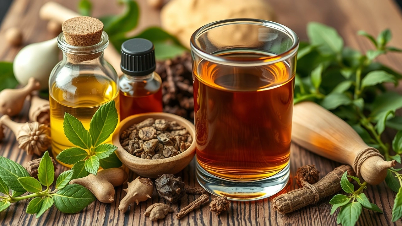 herbes et huiles ayurvédiques avec un verre d'huile