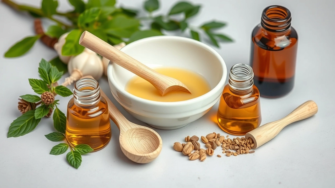 image de différentes herbes et huiles ayurvédiques