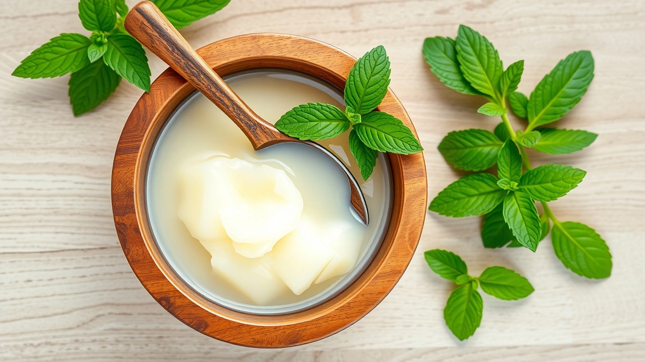 Bol en bois avec huile de coco et menthe