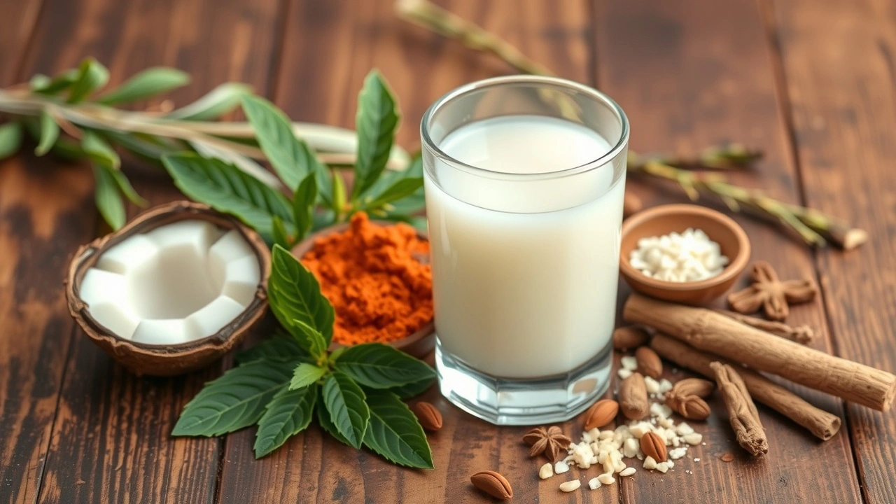 un verre d'huile de coco avec des herbes ayurvédiques