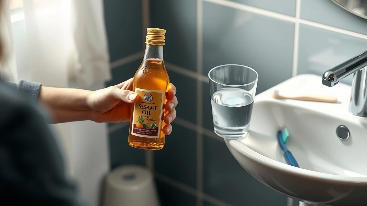 une personne avec une bouteille d'huile de sésame