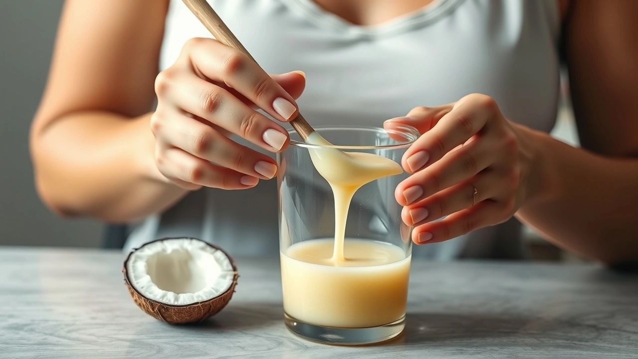 une personne effectuant un bain de bouche avec de l'huile