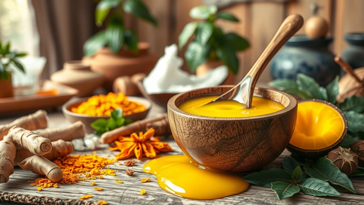 Une scène illustrant l'huile de coco et des herbes ayurvédiques pour la prévention des maladies cardiovasculaires.