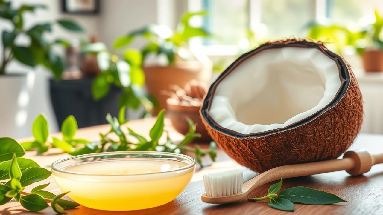 Une scène illustrant l'huile de tirage en Ayurveda avec des éléments de santé dentaire.