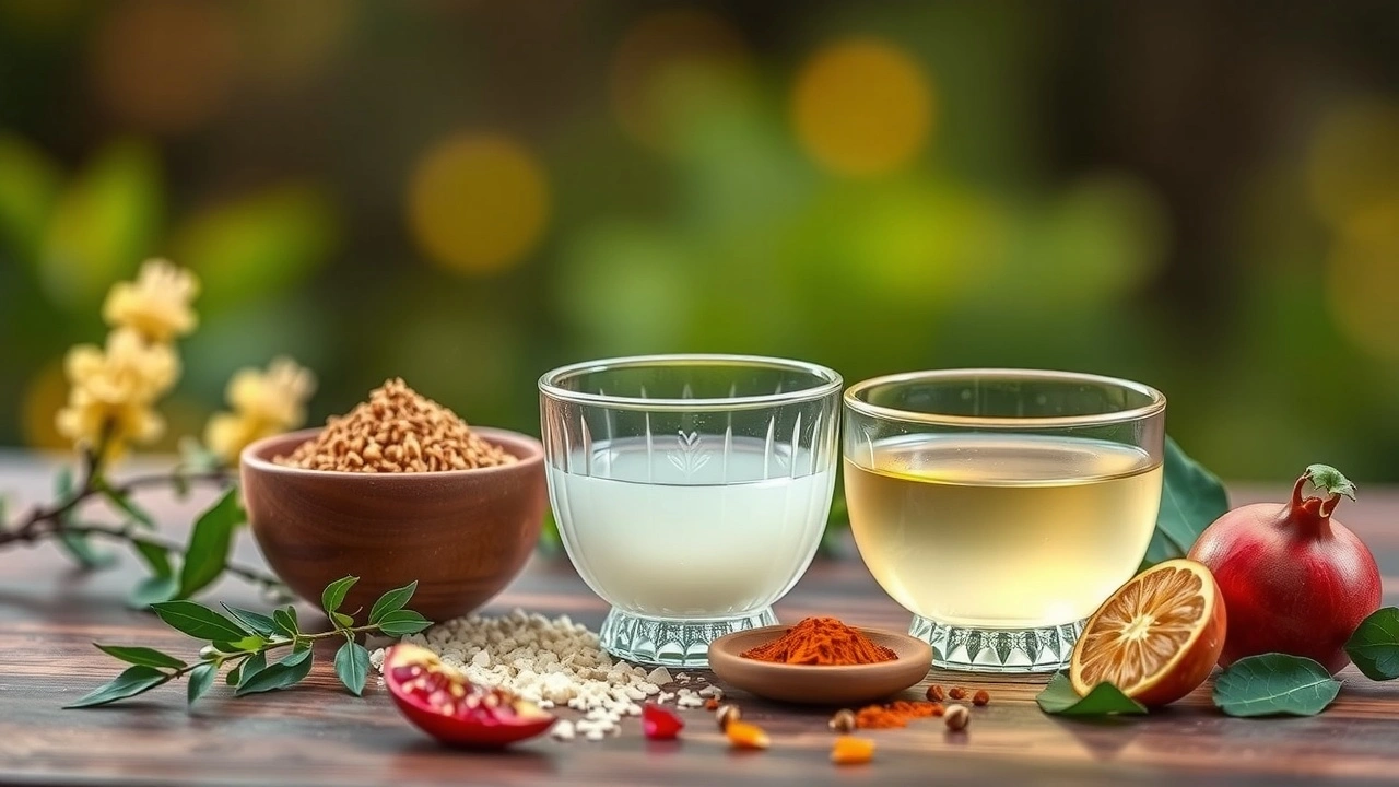 Une illustration paisible de l'huile de tirage pour la santé de la peau, inspirée par l'ayurvéda.