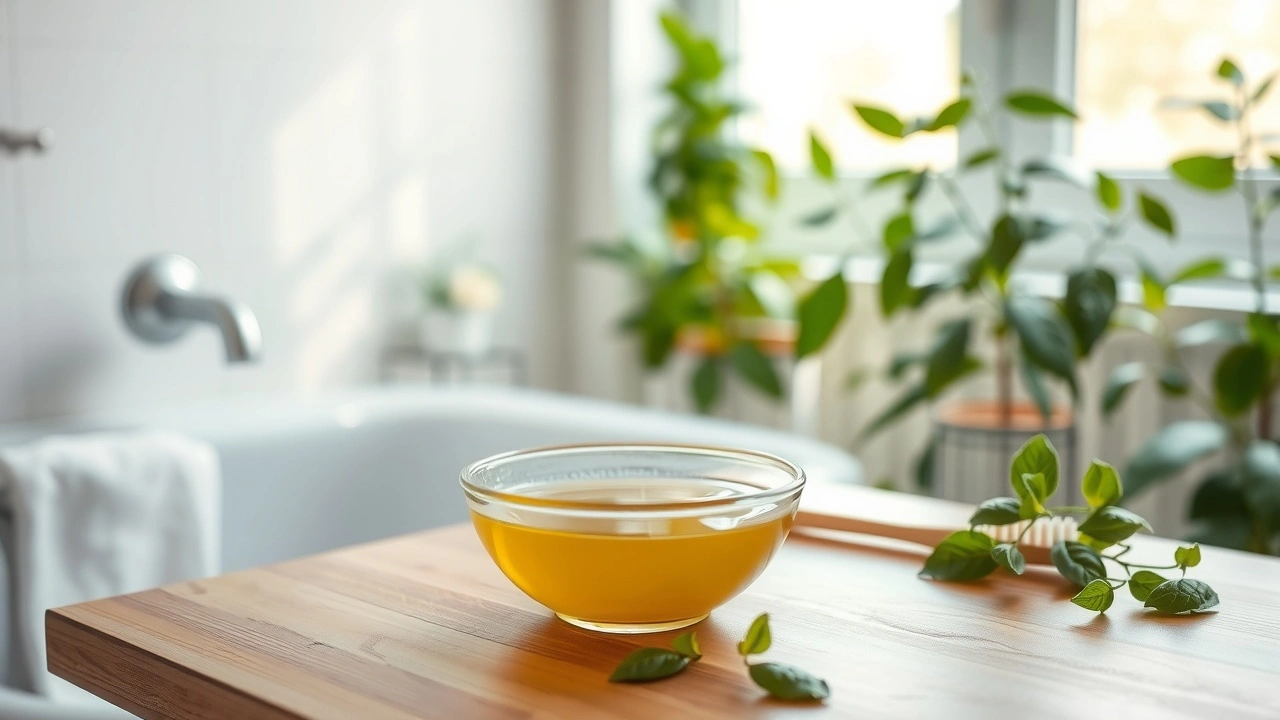 Une scène sereine illustrant l'oil pulling dans un cadre ayurvédique.