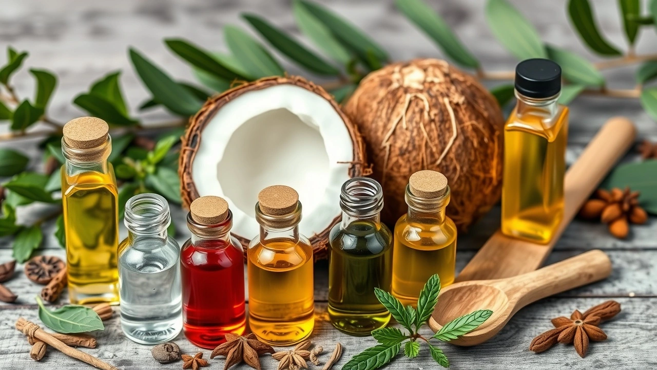 différents types d'huiles ayurvédiques en conteneurs