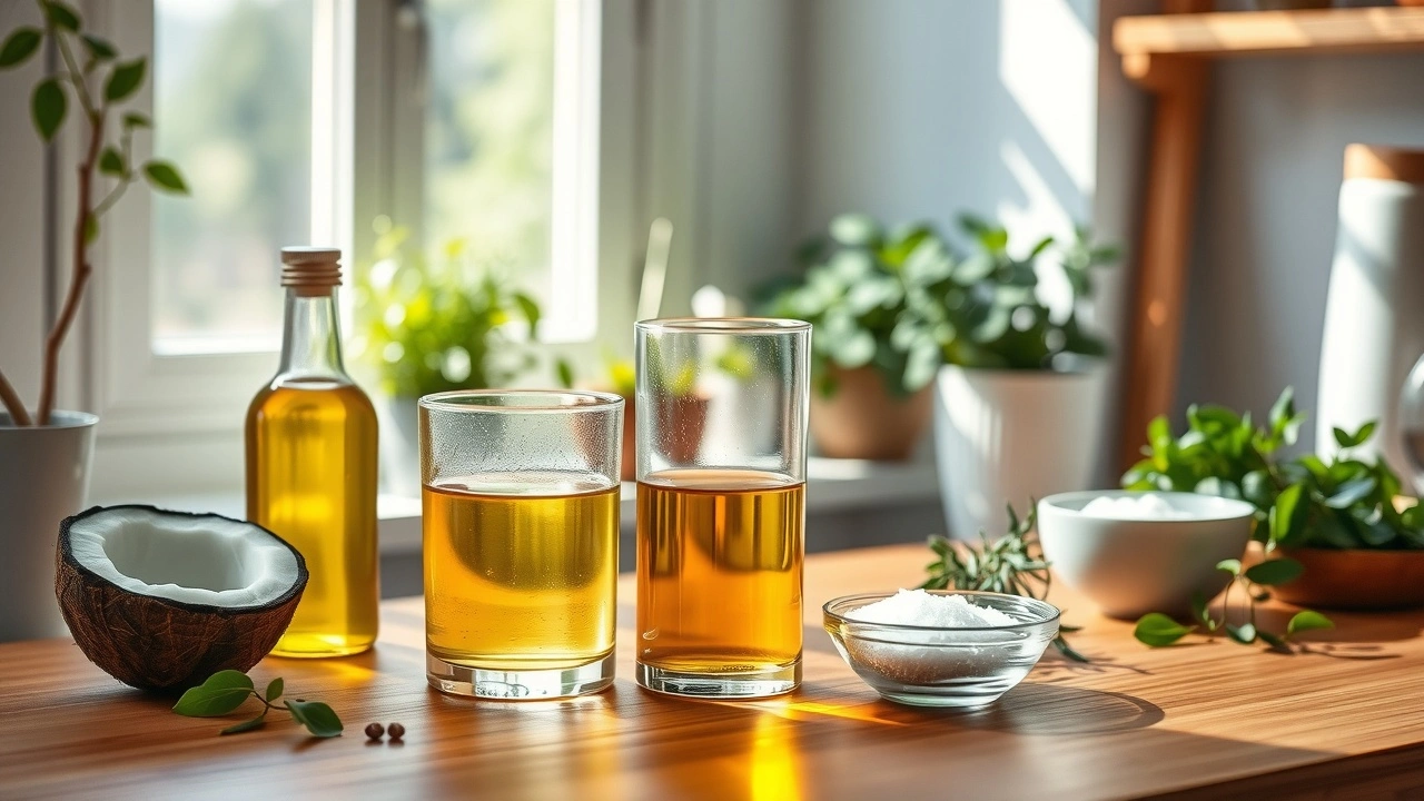 Une cuisine sereine mettant en avant la pratique du bain de bouche à l'huile, avec des huiles naturelles et des herbes fraîches.