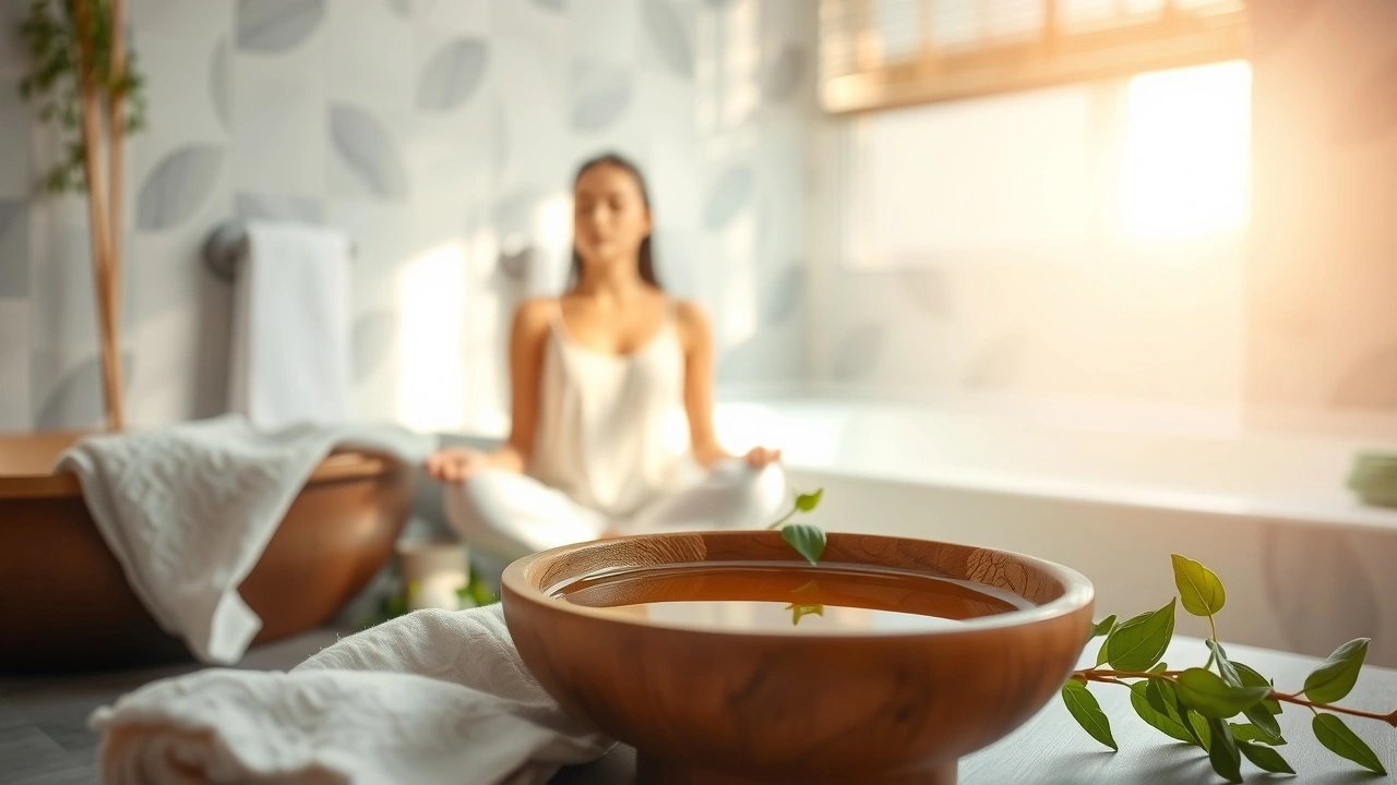 Une illustration apaisante de l'oil pulling comme rituel ayurvédique, mettant en valeur la sérénité et l'hygiène mentale.