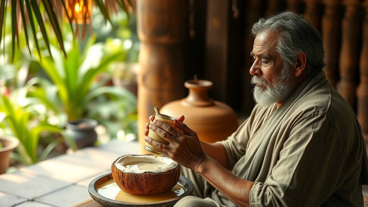 praticien ayurvédique effectuant un oil pulling traditionnel