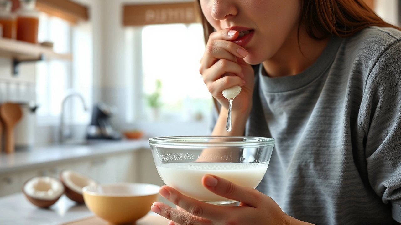 person faisant un oil pulling avec de l'huile de coco