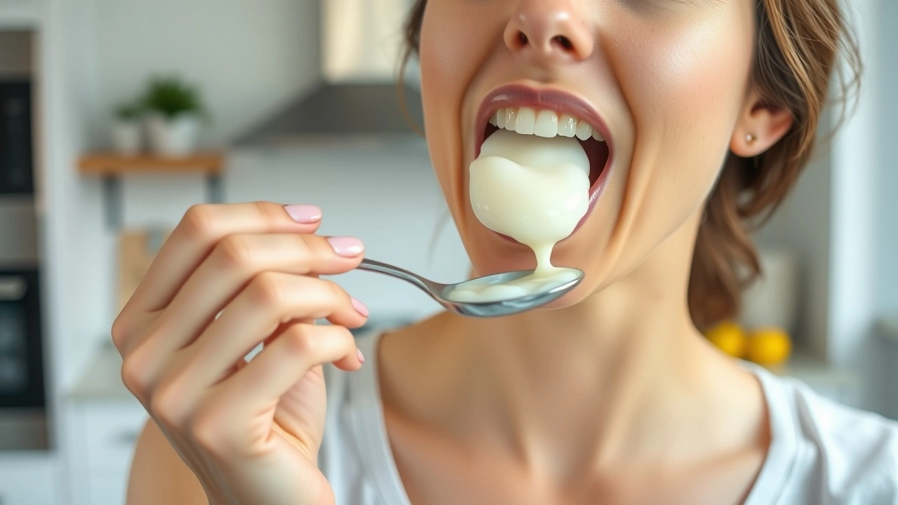 une personne faisant de l oil pulling avec de l huile de coco