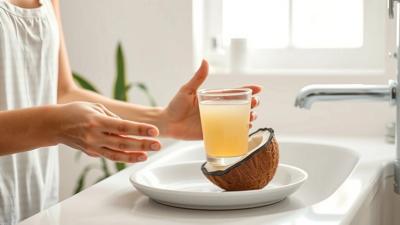 person faisant un oil pulling dans une salle de bain