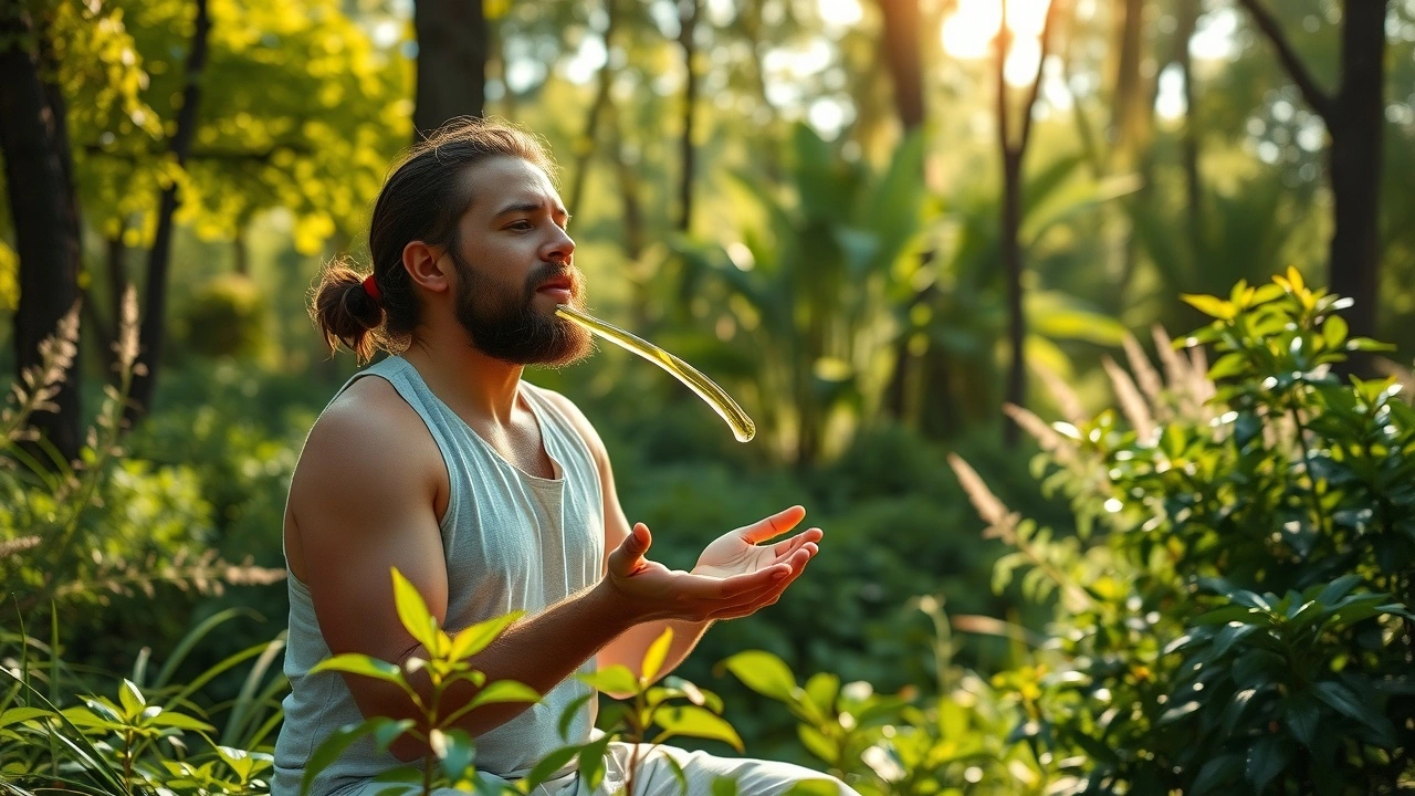 person faisant du oil pulling dans la nature