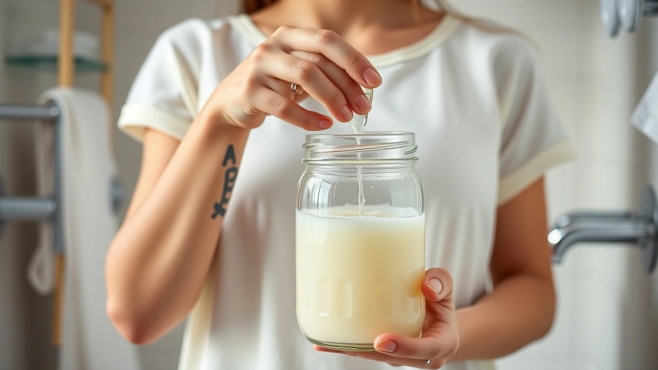 person pratiquant l oil pulling dans une salle de bain