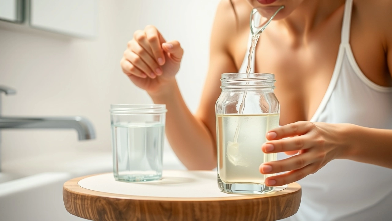 person faisant un oil pulling dans une salle de bain