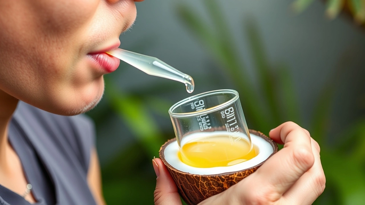 une personne pratiquant le oil pulling avec de l huile