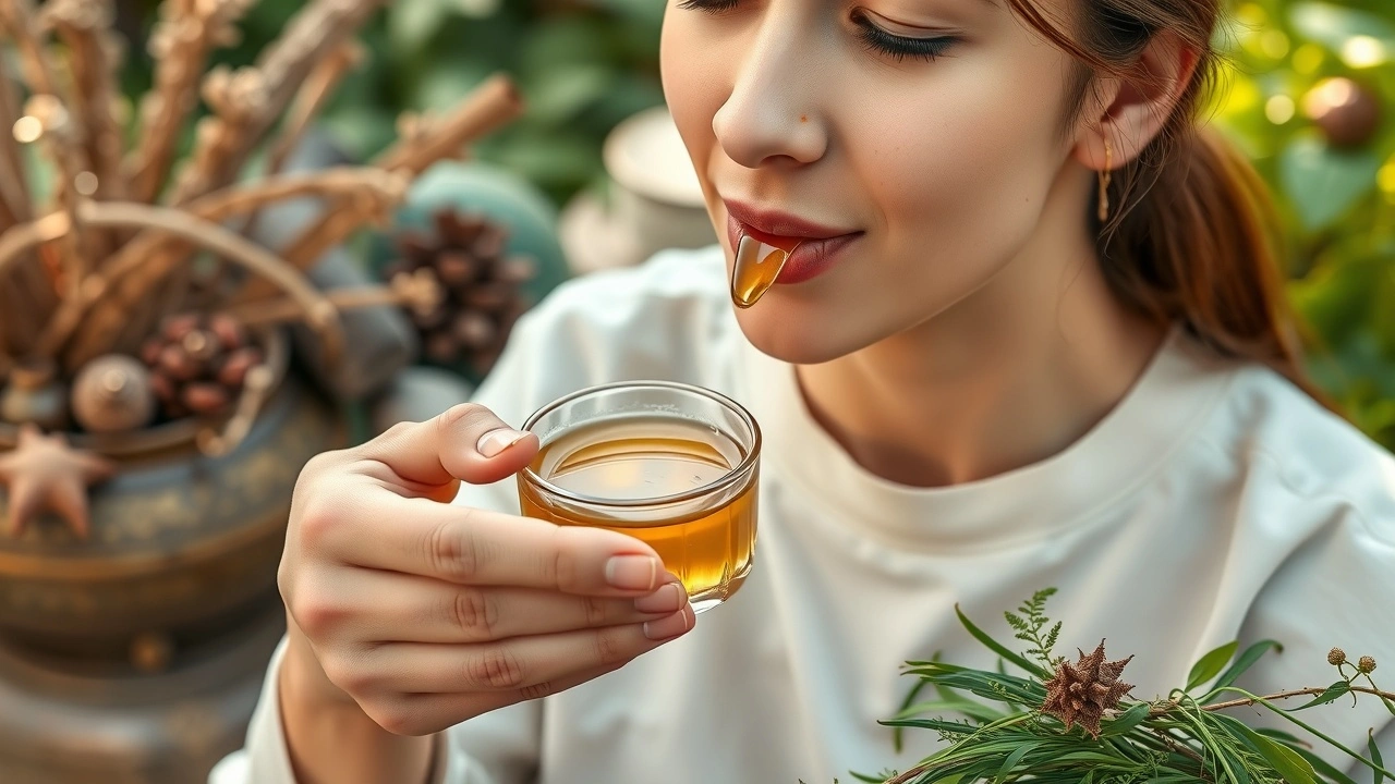 une personne pratiquant le oil pulling avec des herbes ayurvédiques