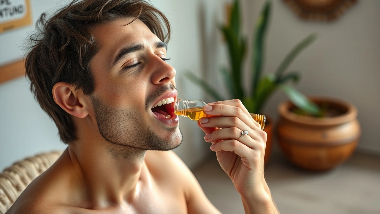 person faisant du oil pulling avec de l'huile naturelle