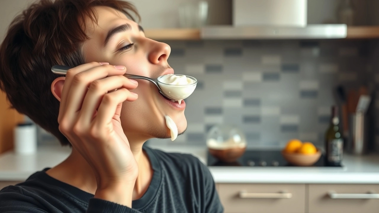 person pratiquant le oil pulling dans une cuisine moderne