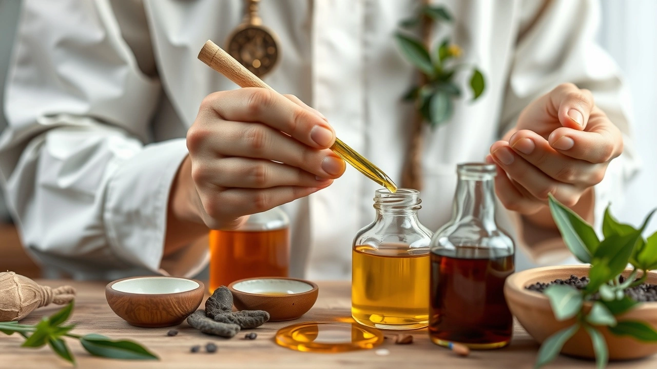 praticien ayurvédique préparant des huiles pour oil pulling