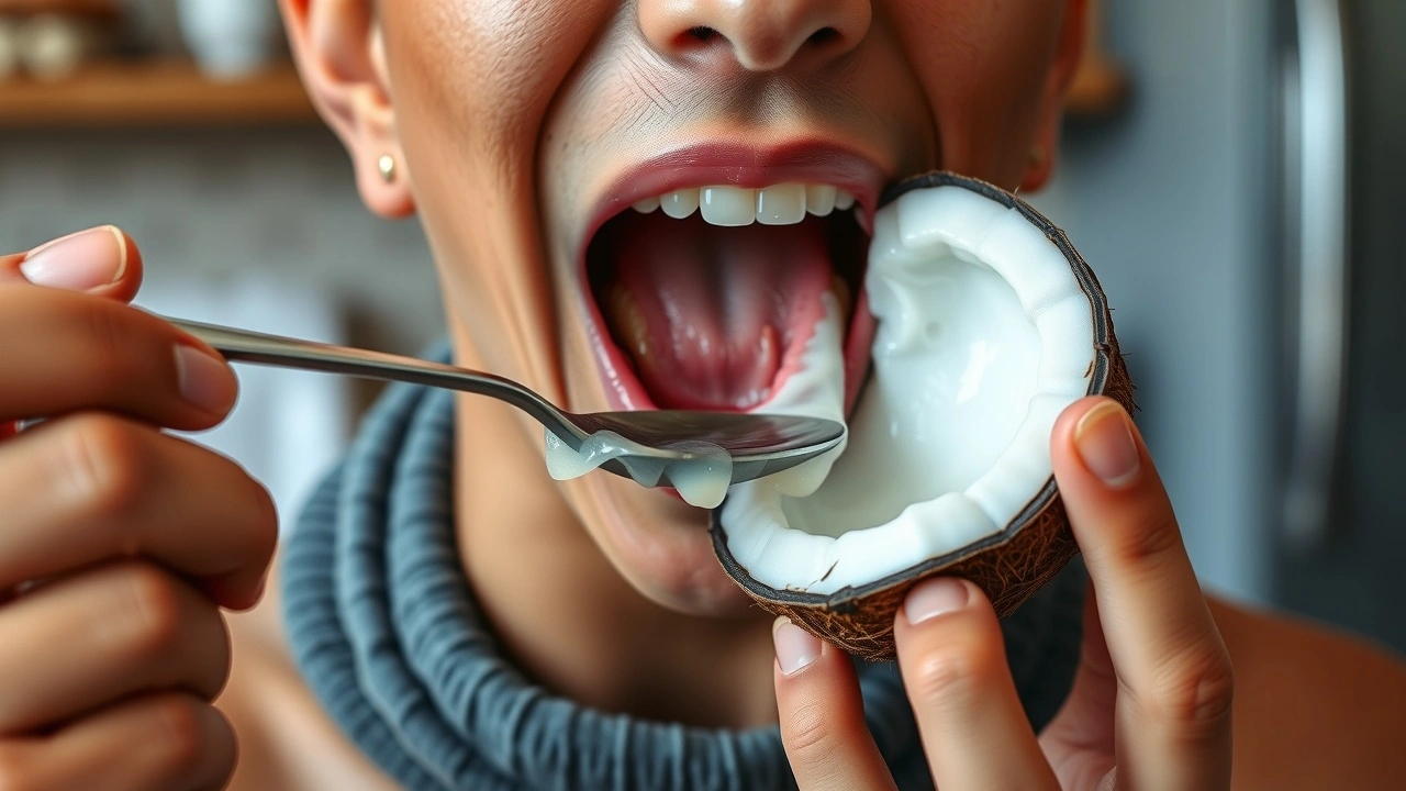 person pratiquant l'huile de traction dans une cuisine