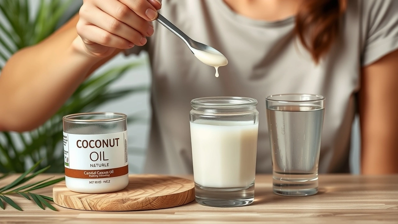person pratiquant le oil pulling avec de l'huile de noix de coco