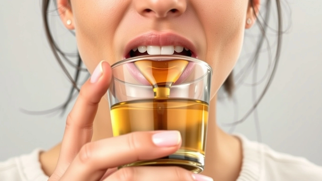 une personne pratiquant le oil pulling avec de l'huile