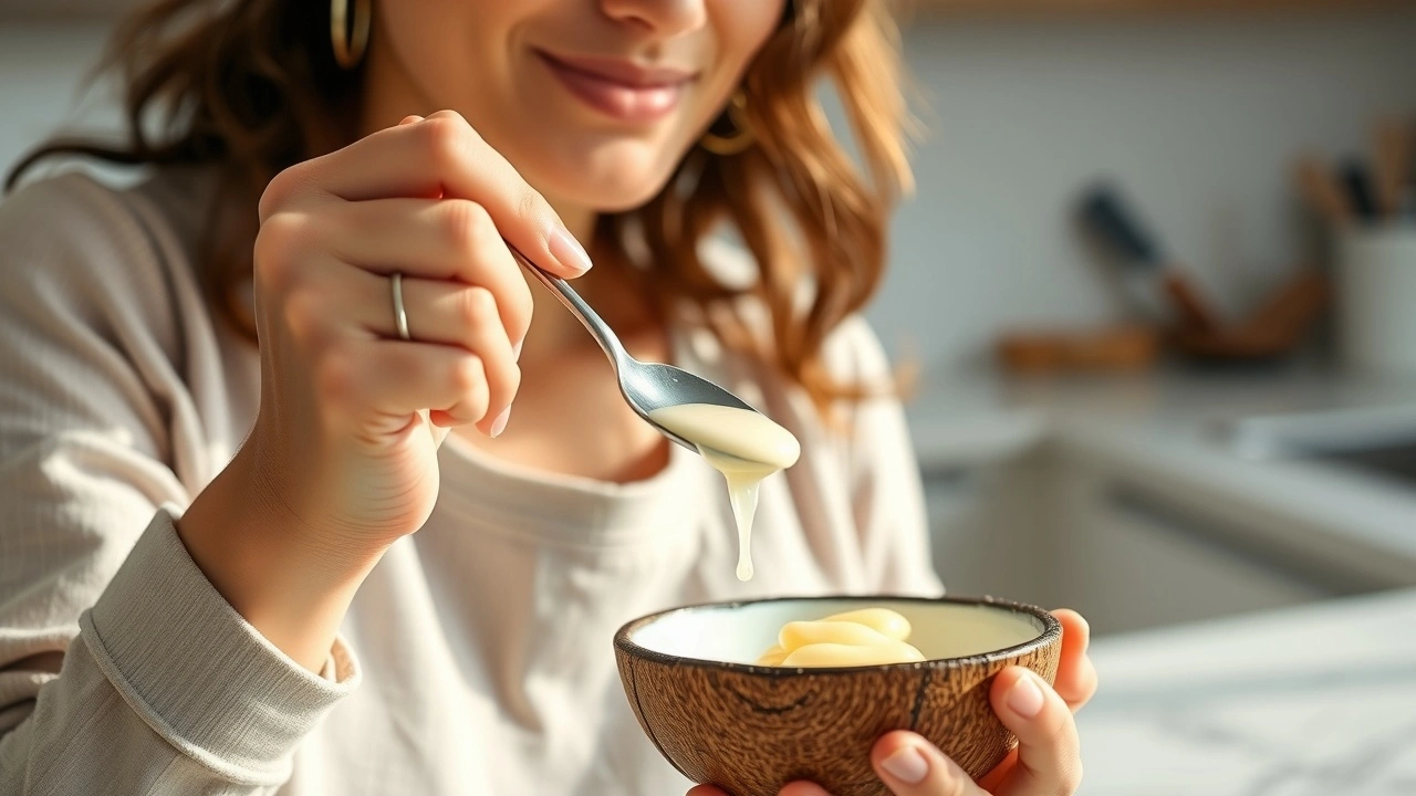 person pratiquant l'oil pulling dans une cuisine lumineuse