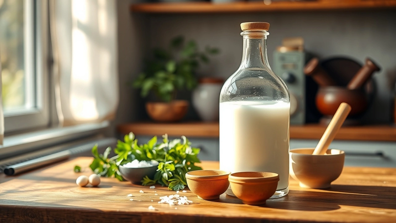 Une cuisine sereine avec de l'huile de coco et des éléments ayurvédiques.