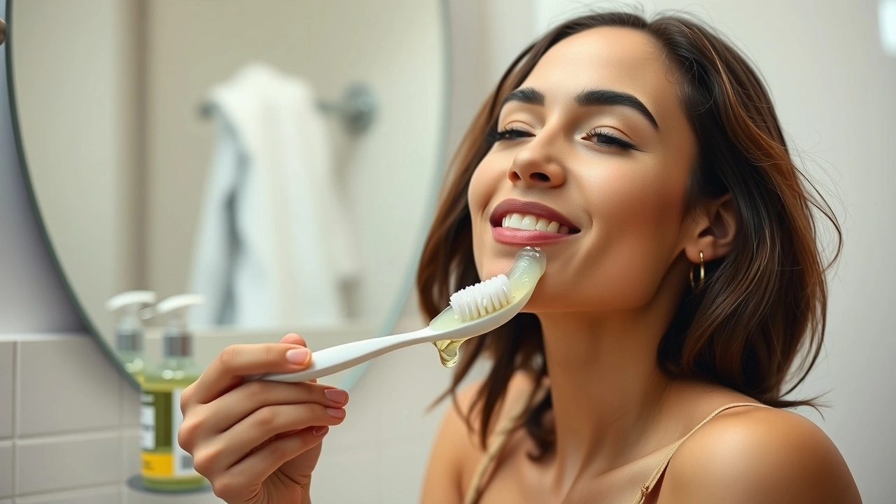 person pratiquant le gargarisme avec de lhuile de coco