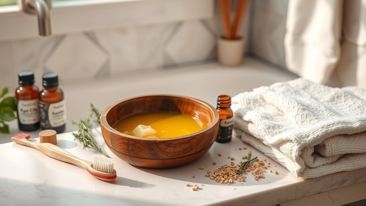 Une image photoréaliste illustrant le tirage d'huile ayurvédique pour la santé dentaire.