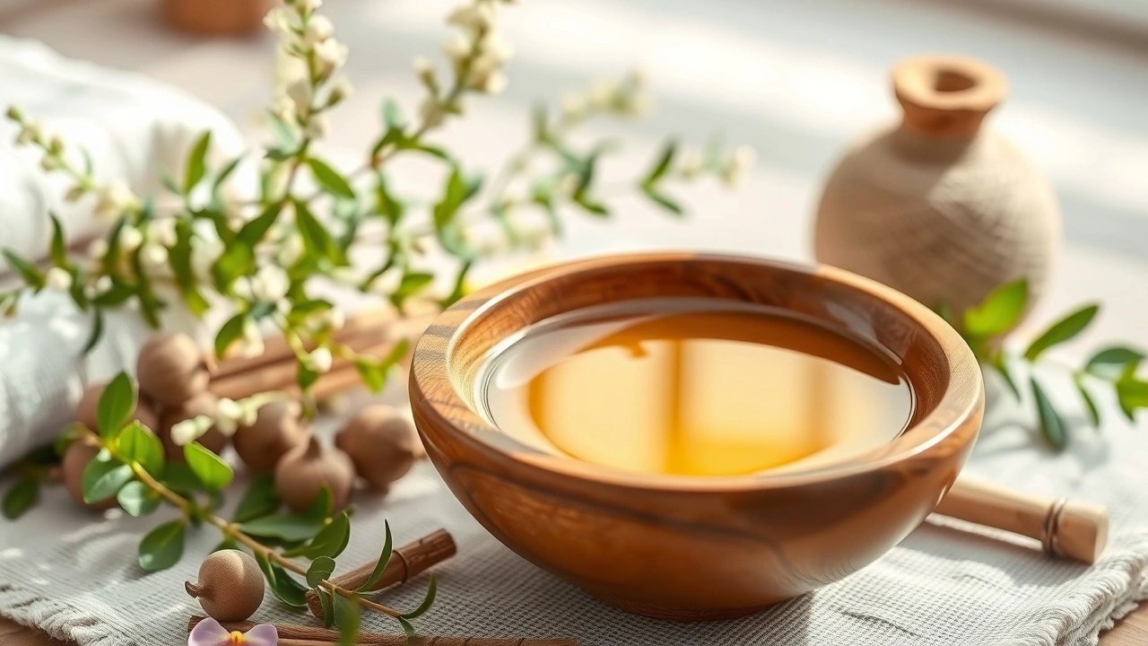 Une scène tranquille représentant le tirage à l'huile et l'auto-régulation à travers une perspective ayurvédique.