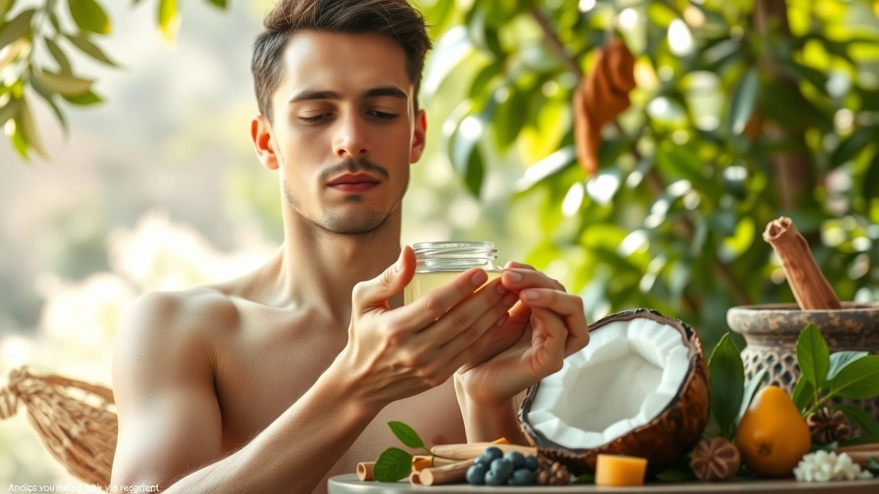 Une scène apaisante illustrant le tirage d'huile avec des éléments ayurvédiques.