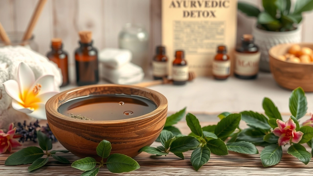 Une scène apaisante illustrant le tirage d'huile et la médecine ayurvédique.