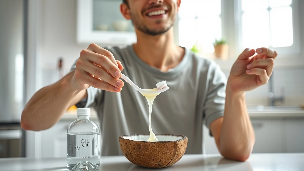 person faisant un bain de bouche avec de l'huile de coco