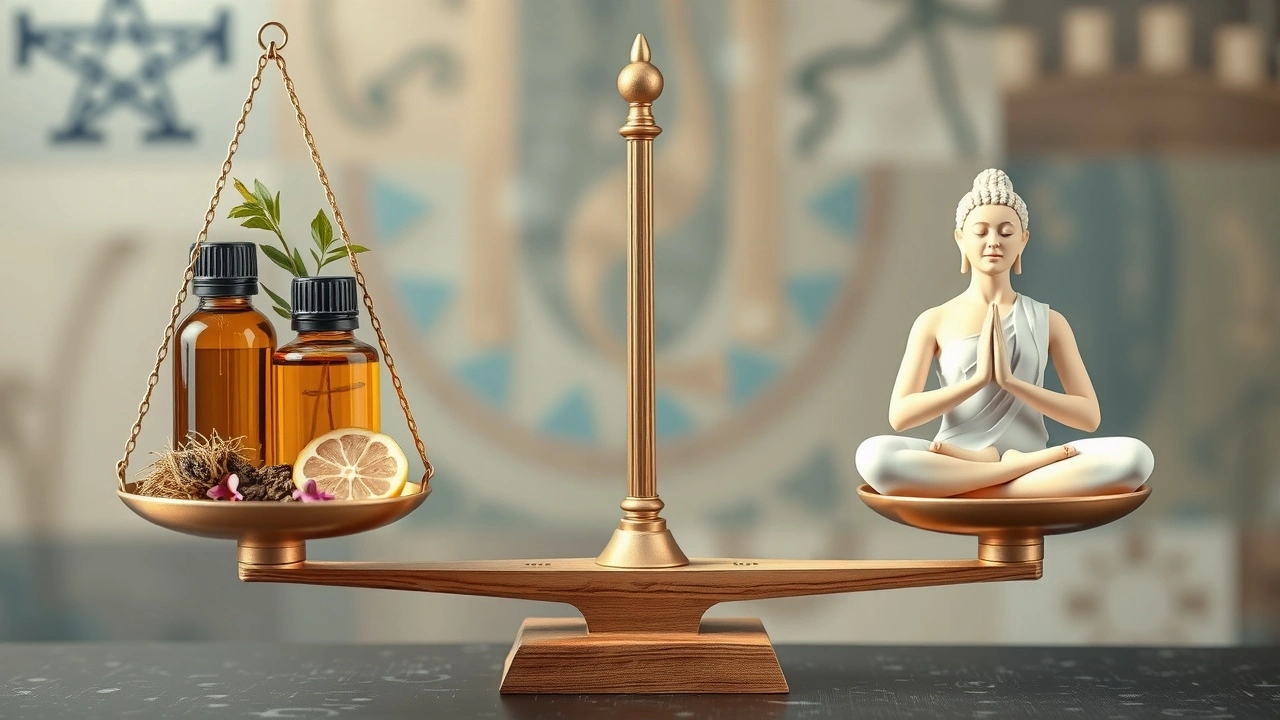 balance entre huiles et méditation ayurvédique