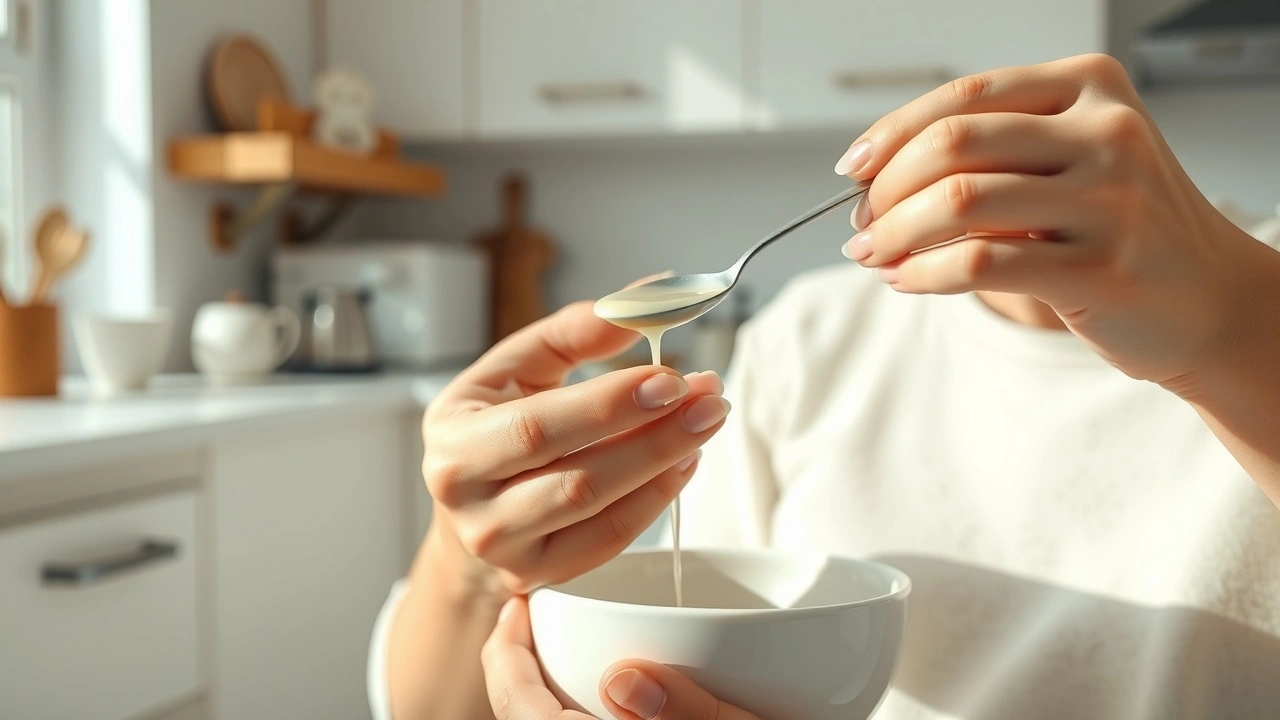 person faisant du oil pulling avec de l'huile de coco