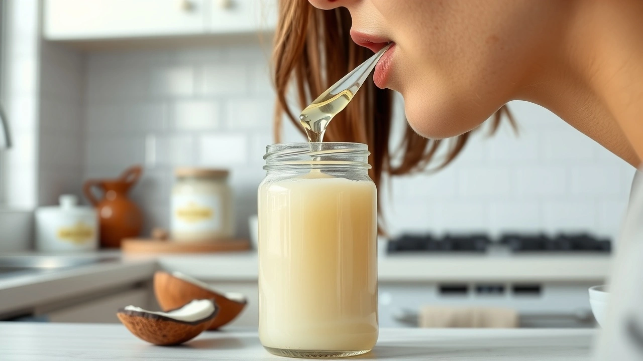 person utilisant l'huile de coco pour le oil pulling