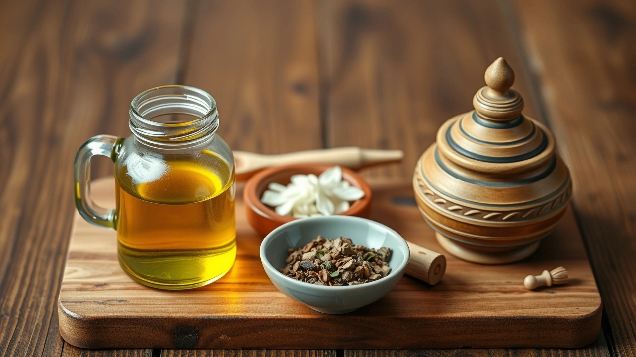 table avec fournitures d'oil pulling ayurvédique